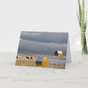 Rustic barn and hay bales after a fresh snow 3 card