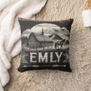 Rustic Barn and Horse at Sunset in Countryside Cushion