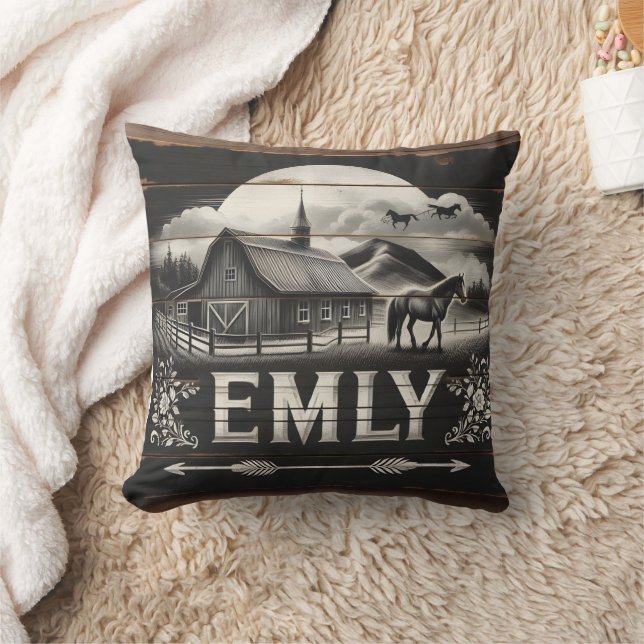 Rustic Barn and Horse at Sunset in Countryside Cushion (Blanket)