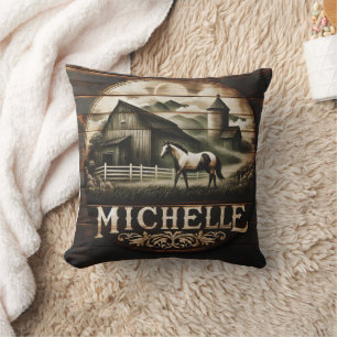Rustic Barn and Horse Illustration at Twilight Cushion