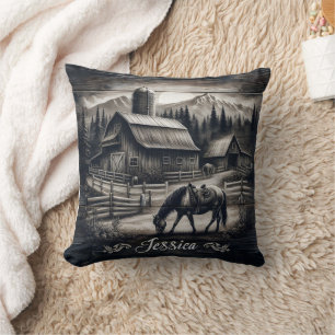 Rustic Barn and Horse in Mountain Landscape Cushion