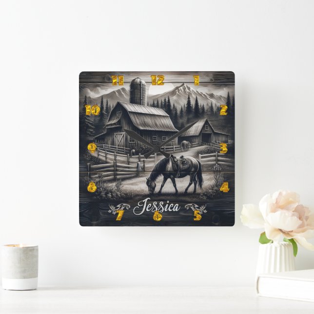 Rustic Barn and Horse in Mountain Landscape Square Wall Clock (Home)