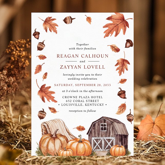 Rustic Barn and Pumpkin Autumn Leaves Farm Wedding Invitation (Creator Uploaded)