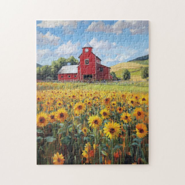 Rustic Barn and Sunflower Field Painting Jigsaw Puzzle (Vertical)