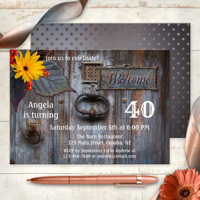 Rustic Barn Autumn Birthday Party Invitation (Birthday party invitation featuring imagery of a rustic wood door with daisy flower and berries)