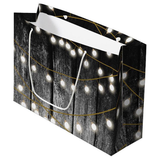 Rustic Barn Black Wood Gold String Lights Large Gift Bag (Front Angled)