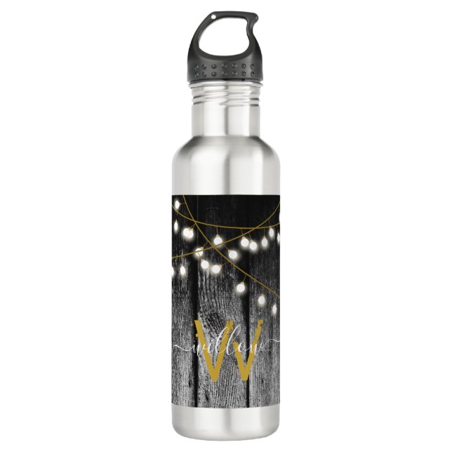 Rustic Barn Black Wood Gold String Lights Monogram 710 Ml Water Bottle (Front)
