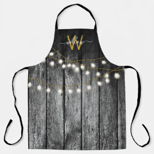 Rustic Barn Black Wood Gold String Lights Monogram Apron