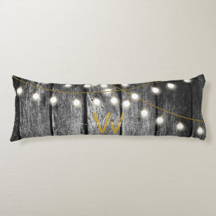 Rustic Barn Black Wood Gold String Lights Monogram Body Cushion