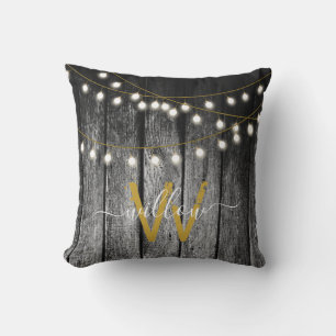 Rustic Barn Black Wood Gold String Lights Monogram Cushion