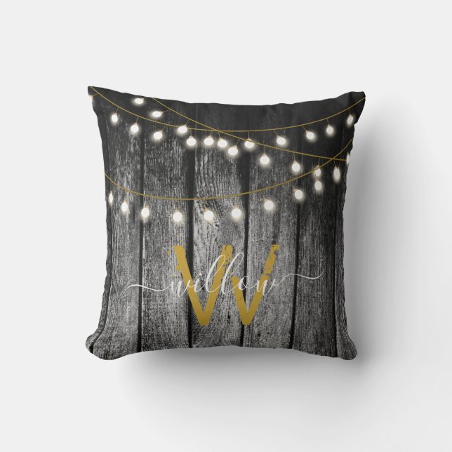Rustic Barn Black Wood Gold String Lights Monogram Cushion (Front)