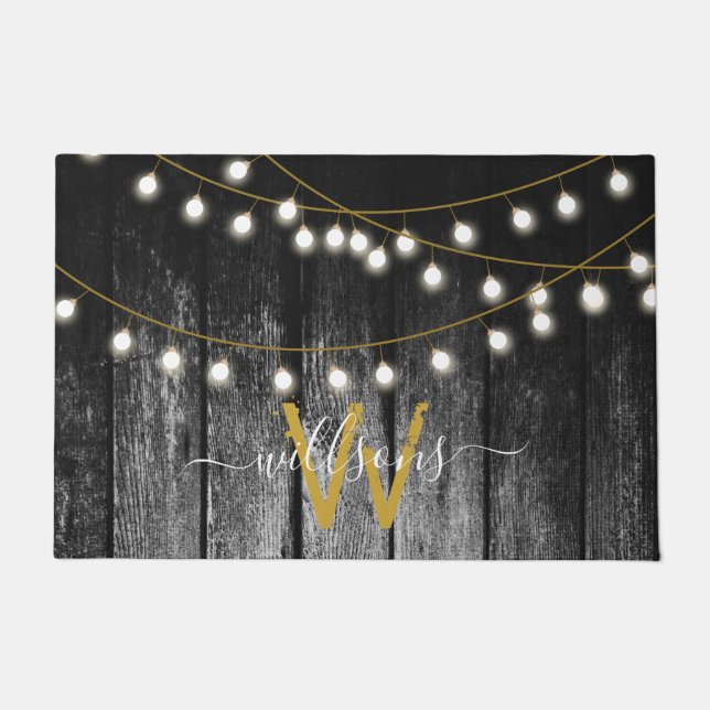 Rustic Barn Black Wood Gold String Lights Monogram Doormat (Front)