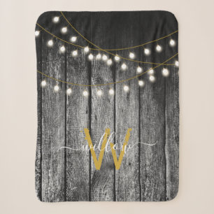 Rustic Barn Black Wood Gold String Lights Monogram Sherpa Blanket