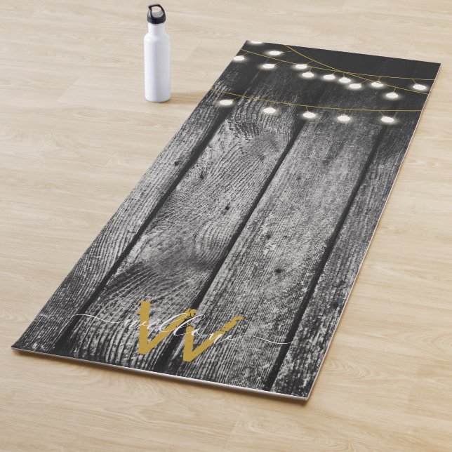 Rustic Barn Black Wood Gold String Lights Monogram Yoga Mat (In Situ)