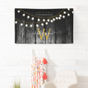 Rustic Barn Black Wood Gold String Lights Wedding  Banner