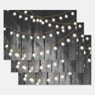 Rustic Barn Black Wood Gold String Lights Wrapping Paper Sheet