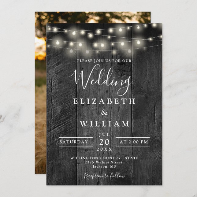 Rustic Barn Black Wood String Lights Photo Wedding Invitation (Front/Back)