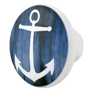 Rustic Barn Blue Wood Planks White Nautical Anchor Ceramic Knob