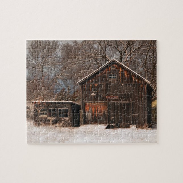 Rustic Barn & Cottage Vintage Snow Scene Jigsaw Puzzle (Horizontal)