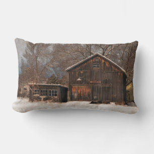 Rustic Barn & Cottage Vintage Snow Scene Lumbar Cushion