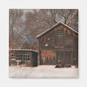 Rustic Barn & Cottage Vintage Snow Scene Magnet