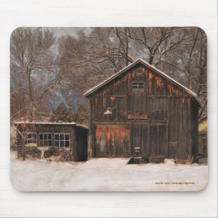 Rustic Barn & Cottage Vintage Snow Scene Mouse Pad
