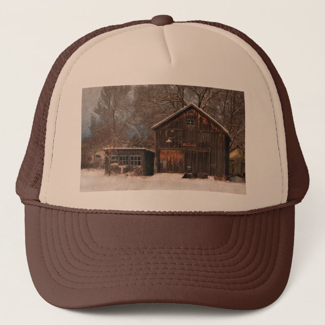Rustic Barn & Cottage Vintage Snow Scene Trucker Hat (Front)