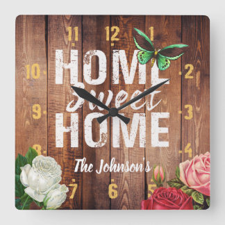 Rustic barn dark wood "Home Sweet Home" design, Square Wall Clock