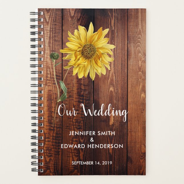 Rustic barn dark wood sunflower wedding planner (Front)