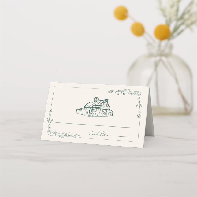 Rustic Barn Emerald Green Farm Fall Wedding Place Card (Front)