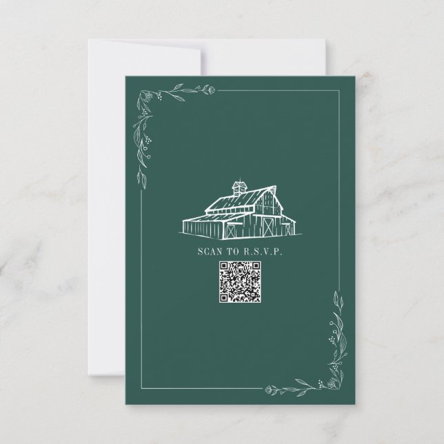 Rustic Barn Emerald Green QR Code Wedding RSVP Card (Front)
