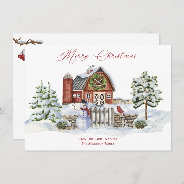 Rustic Barn Farm Christmas Trees Snowman Holiday Card (Front/Back)