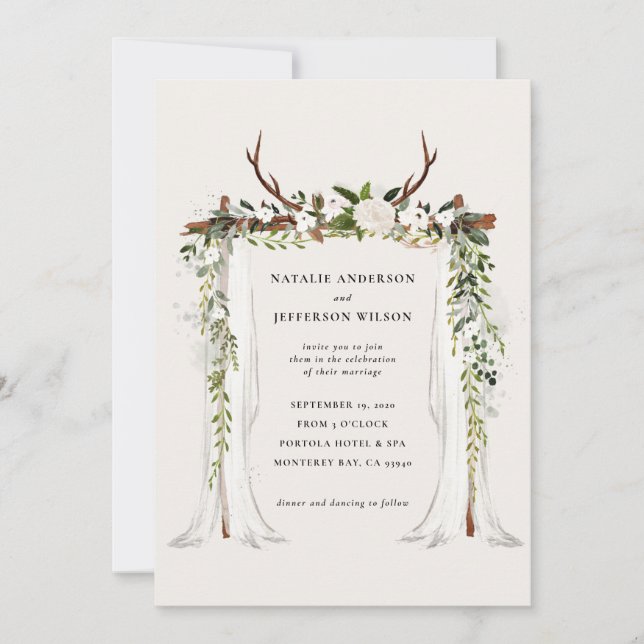 Rustic barn farmhouse stag foliage wedding invite (Front)