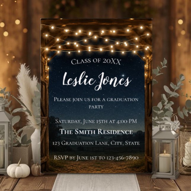 Rustic Barn Graduation Invitation | Country Lights (Rustic barn graduation invitation with string lights, country charm, and custom details.)