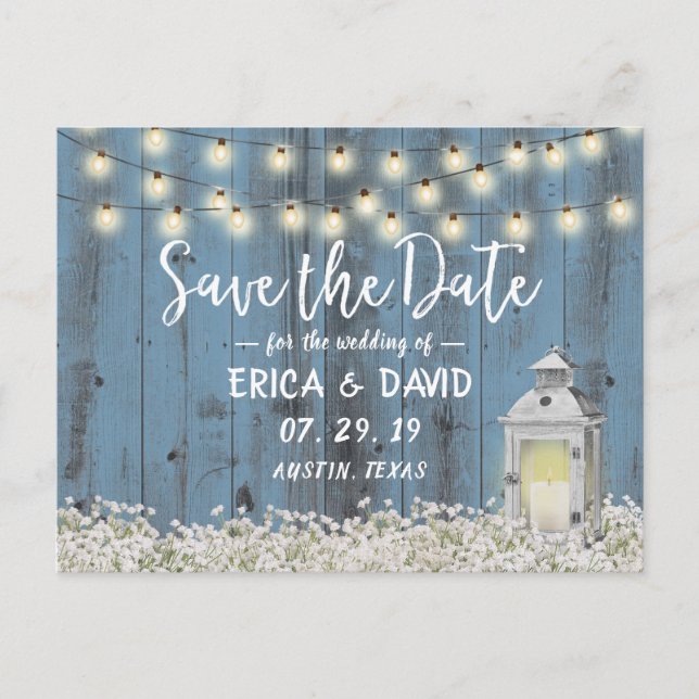 Rustic Barn Lantern Dusty Blue Save the Date Announcement Postcard (Front)
