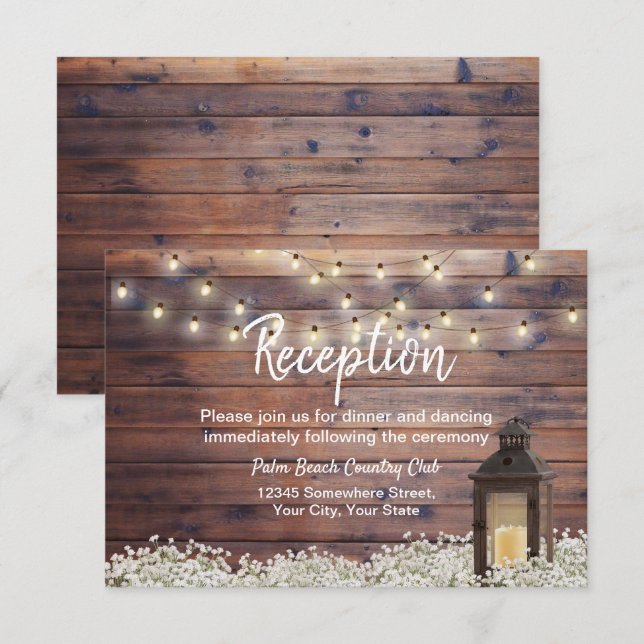 Rustic Barn Lantern String Light Wedding Reception Invitation (Front/Back)