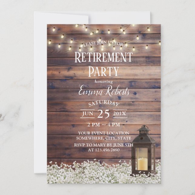 Rustic Barn Lantern String Lights Retirement Party Invitation (Front)