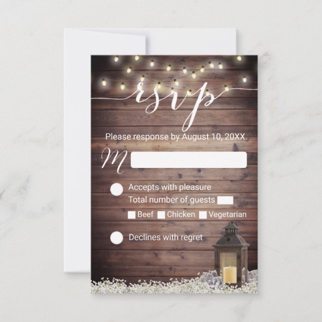 Rustic Barn Lantern String Lights Wedding RSVP Card (Front)
