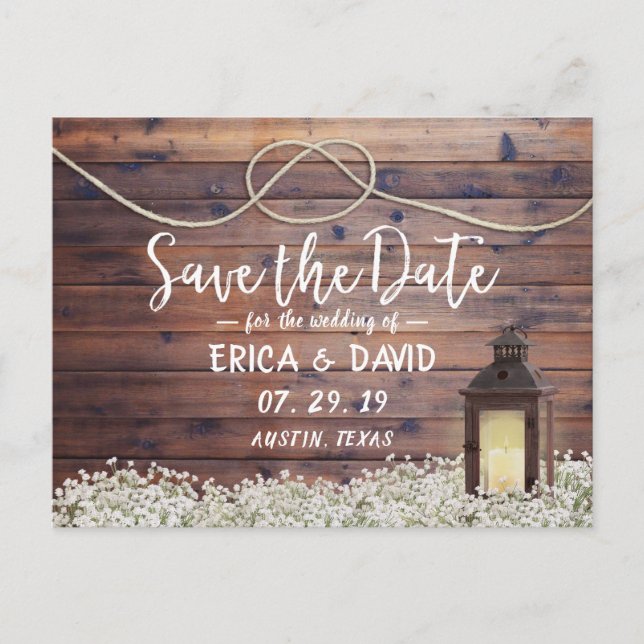 Rustic Barn Lantern Tying the Knot Save the Date Announcement Postcard (Front)