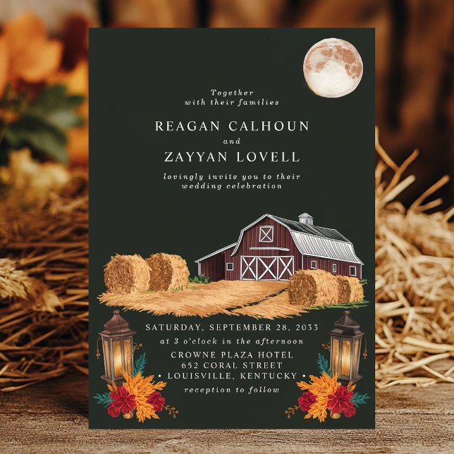 Rustic Barn Lanterns Autumn Hay Bales Farm Wedding Invitation (Creator Uploaded)