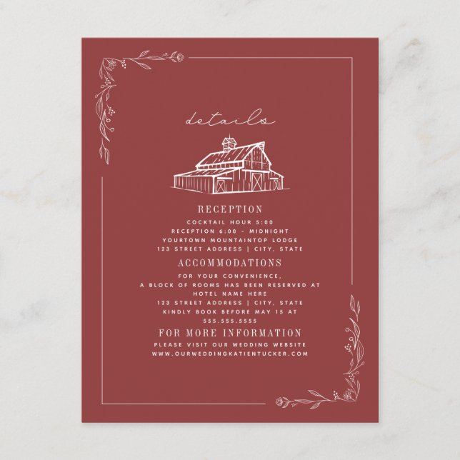 Rustic Barn Muted Red Fall Wedding Details Enclosure Card (Front)