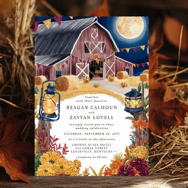 Rustic Barn Navy Blue Nighttime Autumn Wedding  Invitation (Creator Uploaded)