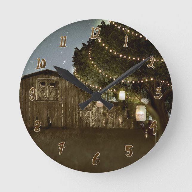 Rustic Barn Night Sky Lights & Mason Jars Round Clock (Front)