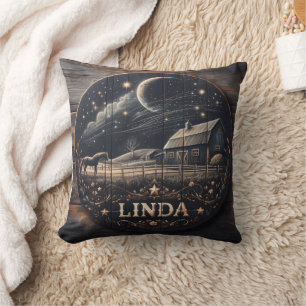 Rustic Barn Night Sky Wood Carving Art Cushion