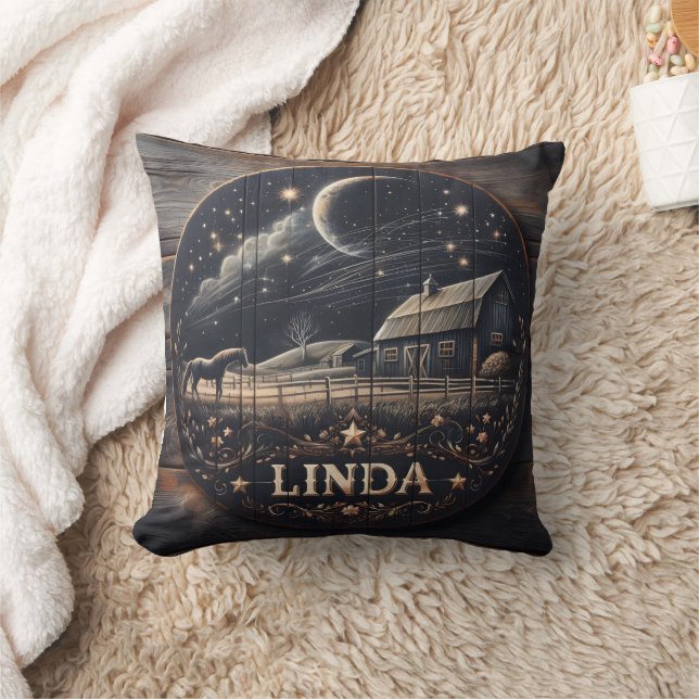 Rustic Barn Night Sky Wood Carving Art Cushion (Blanket)