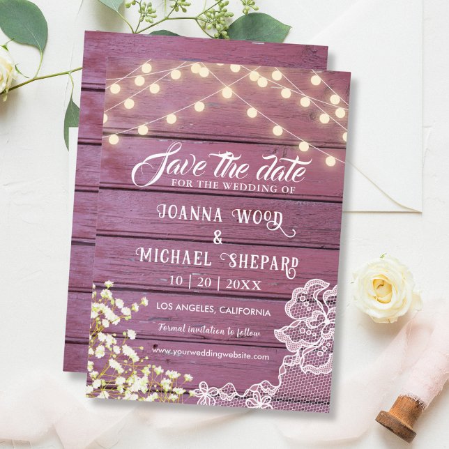 Rustic Barn Purple Wood String Lights & Lace  Save The Date (Creator Uploaded)