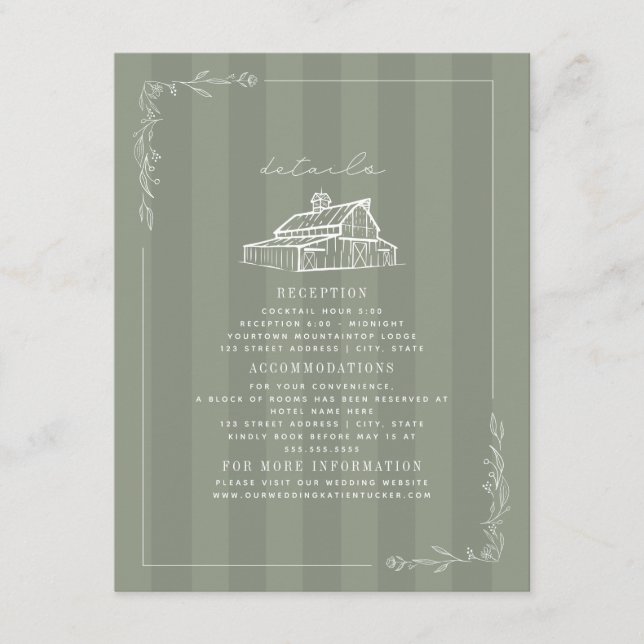 Rustic Barn Sage Green Fall Wedding Stripe Details Enclosure Card (Front)