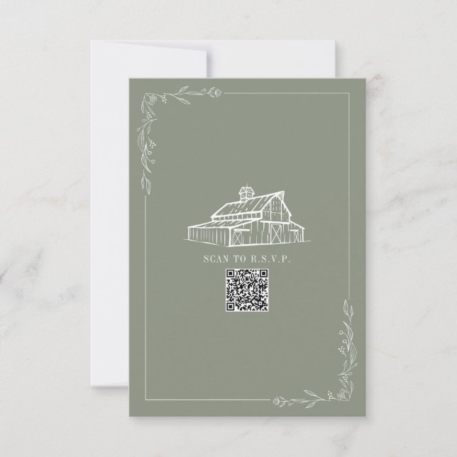 Rustic Barn Sage Green QR Code Wedding RSVP (Front)