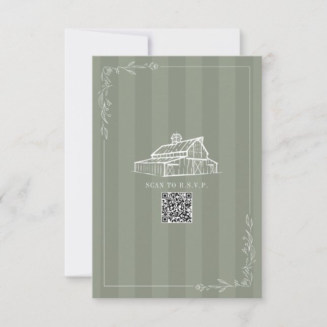 Rustic Barn Sage Green QR Code Wedding Stripe RSVP Card (Front)