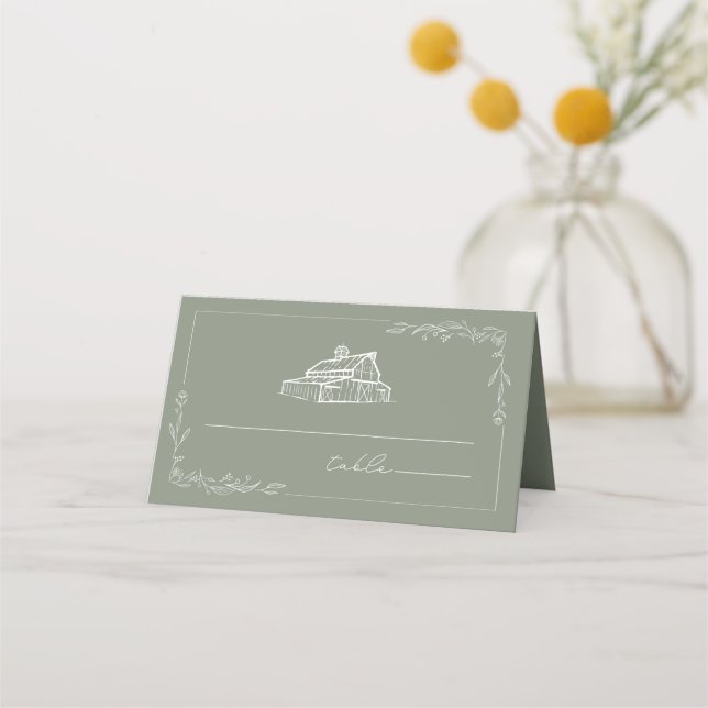 Rustic Barn Sage Green Wedding Place Card (Front)